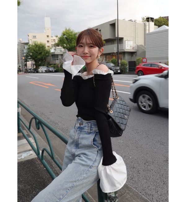 MERCURYDUO「異素材フリルオフショルリブニット」|ニット・セーター|