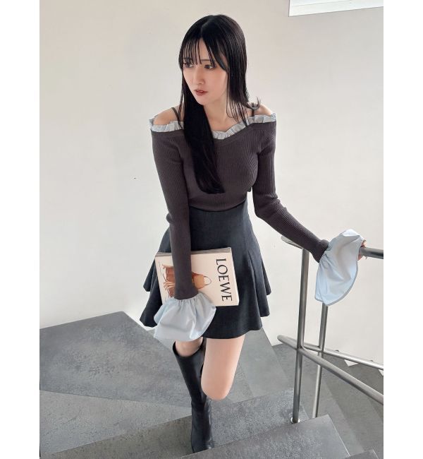 MERCURYDUO「異素材フリルオフショルリブニット」|ニット・セーター|