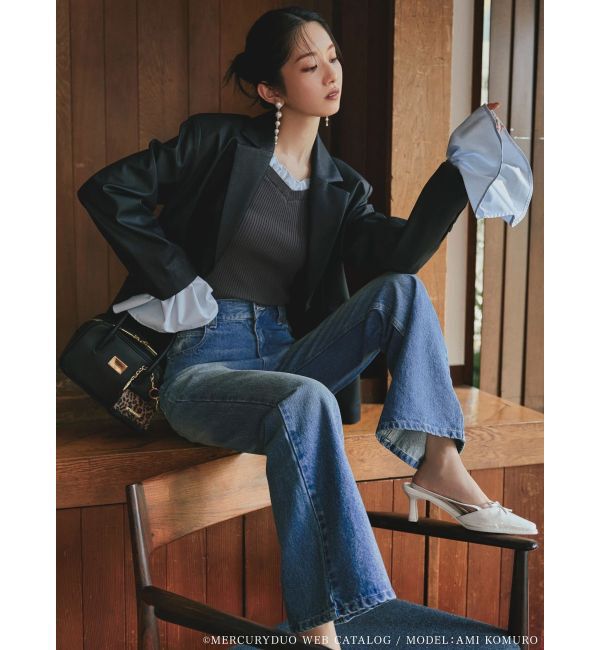 MERCURYDUO「異素材フリルオフショルリブニット」|ニット・セーター|