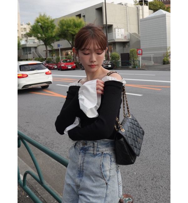 MERCURYDUO「異素材フリルオフショルリブニット」|ニット・セーター|