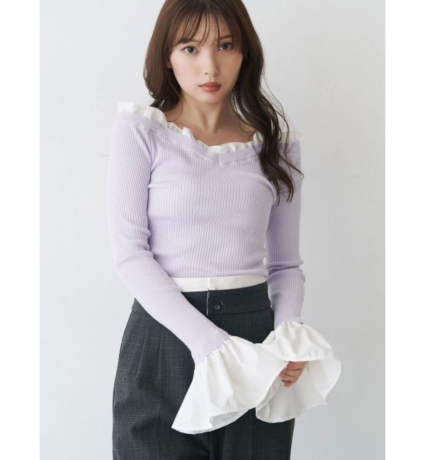 MERCURYDUO「異素材フリルオフショルリブニット」|ニット・セーター|