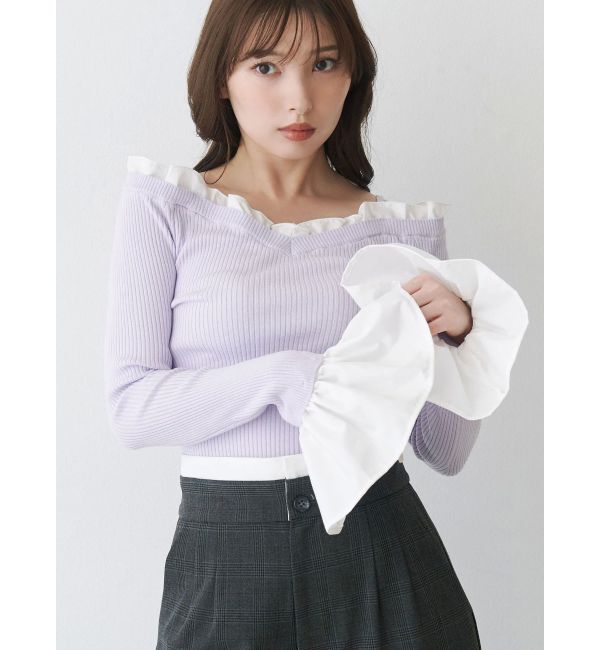 MERCURYDUO「異素材フリルオフショルリブニット」|ニット・セーター|