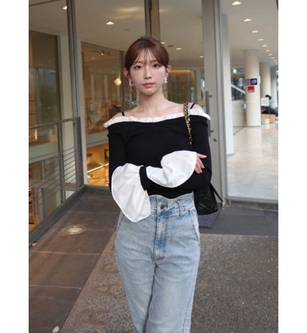 MERCURYDUO「異素材フリルオフショルリブニット」|ニット・セーター|