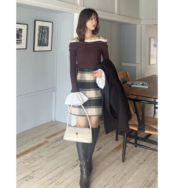 MERCURYDUO「異素材フリルオフショルリブニット」|ニット・セーター|