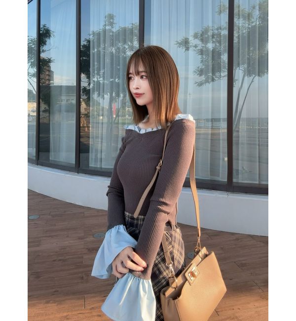 MERCURYDUO「異素材フリルオフショルリブニット」|ニット・セーター|