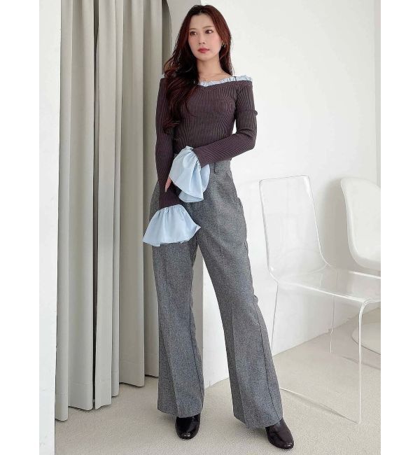 MERCURYDUO「異素材フリルオフショルリブニット」|ニット・セーター|