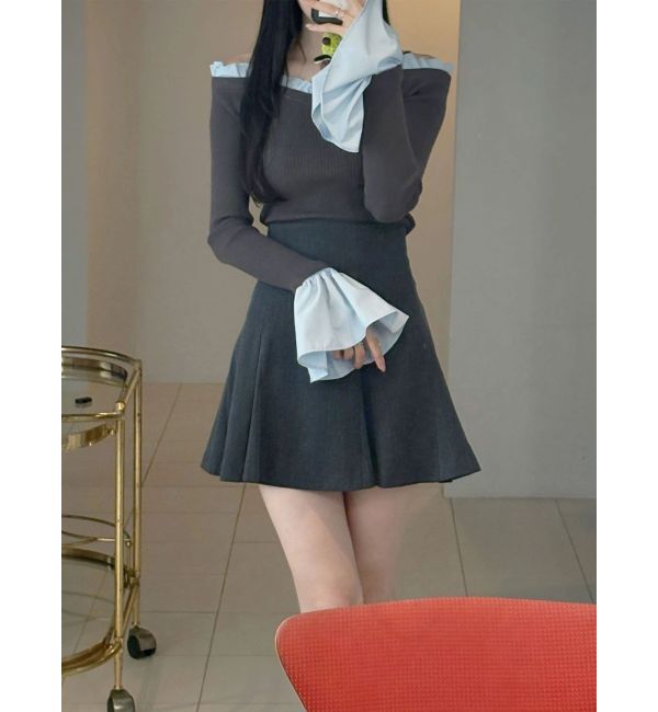 MERCURYDUO「異素材フリルオフショルリブニット」|ニット・セーター|