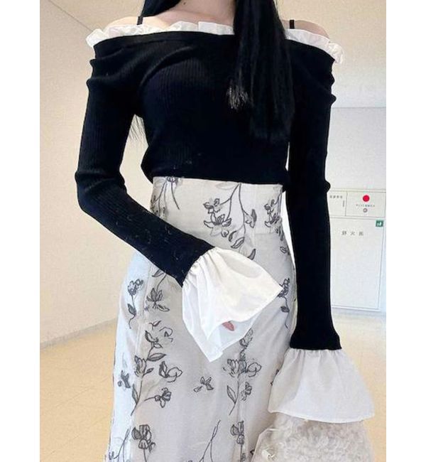 MERCURYDUO「異素材フリルオフショルリブニット」|ニット・セーター|ブラック