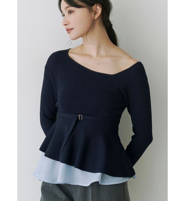 MERCURYDUO「異素材ドッキングペプラムニット」|ニット・セーター|ネイビー