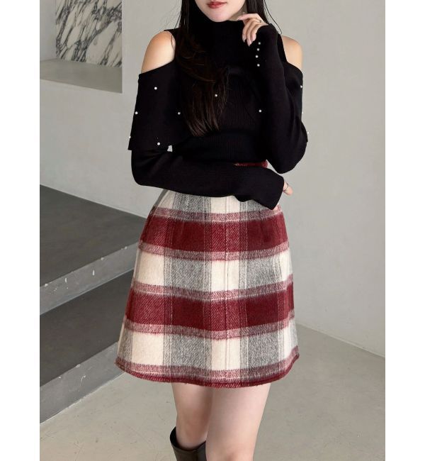 MERCURYDUO「シャギーチェックミニスカート」|スカート|レッド