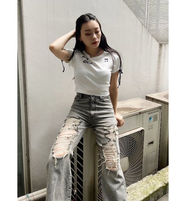 EVRIS「ハイダメージセミワイドデニムパンツ」|デニム|