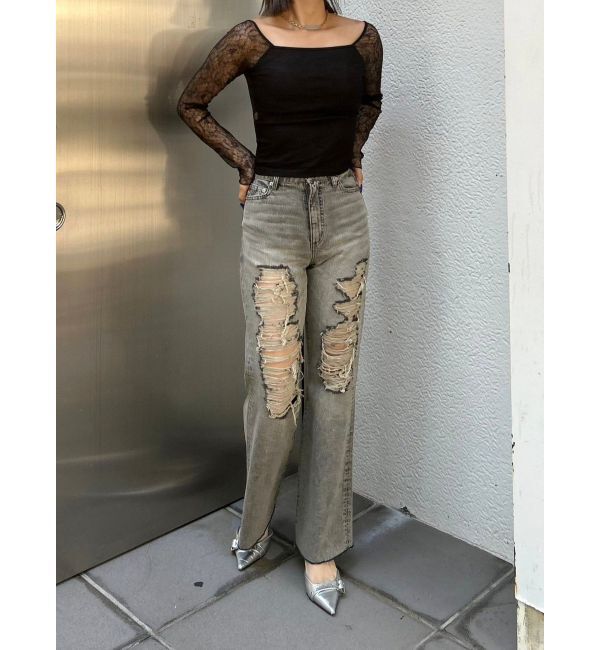 EVRIS「ハイダメージセミワイドデニムパンツ」|デニム|