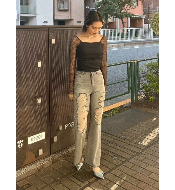 EVRIS「ハイダメージセミワイドデニムパンツ」|デニム|