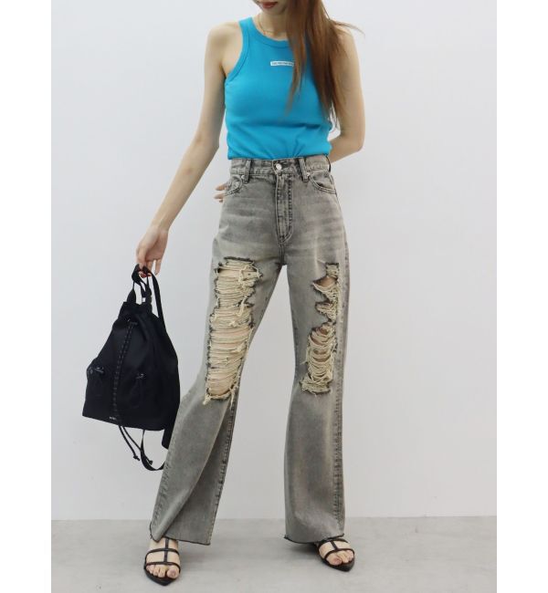 EVRIS「ハイダメージセミワイドデニムパンツ」|デニム|