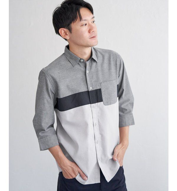 ikka「7分袖オックス胸切り替えシャツ」|シャツ・ブラウス|グレー