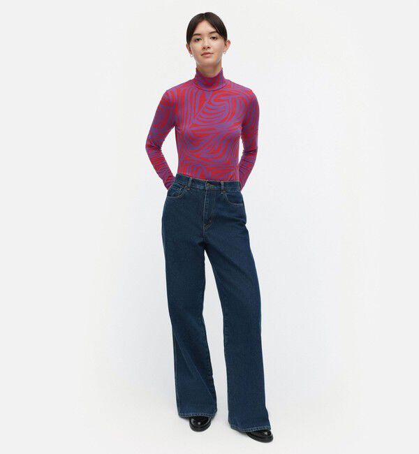 Marimekko「【一部店舗・オンラインストア限定】Jakala Jokuraita Logo カットソー」|シャツ・ブラウス|レッド&times;パープル