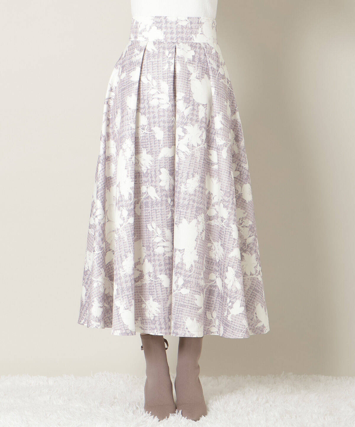 WILLSELECTION「千鳥フラワープリントボリュームタックスカート」|フレア|