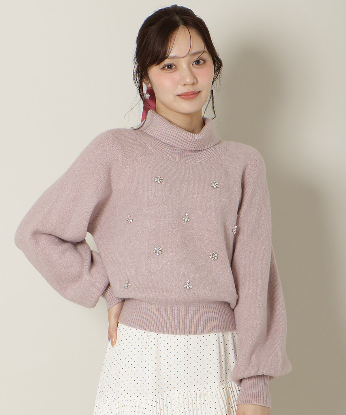 WILLSELECTION「ビジューハイネックニットプルオーバー」|ニット・セーター|ピンク