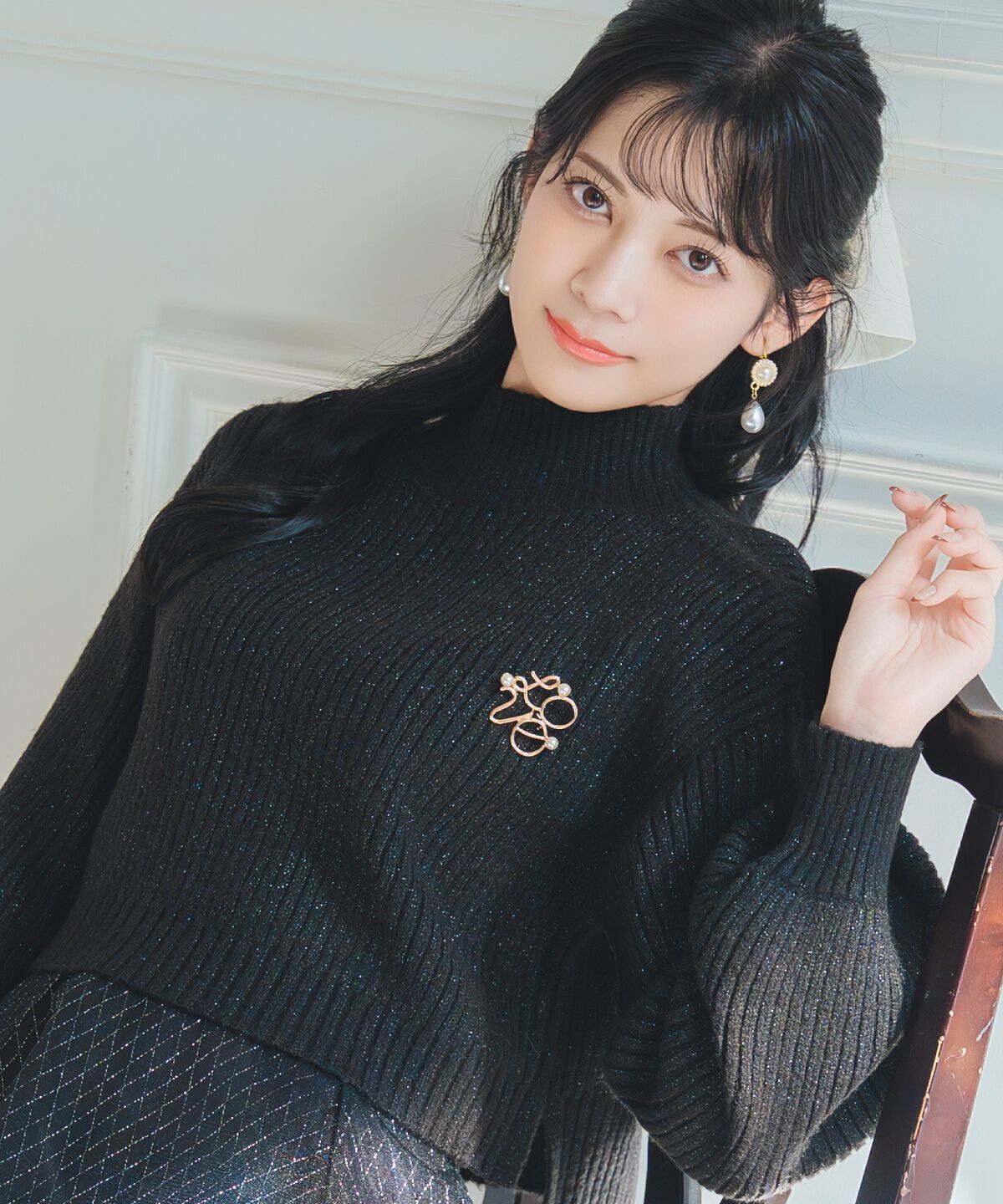 WILLSELECTION「ブローチ付きクロップドラメニット」|ニット・セーター|ブラック