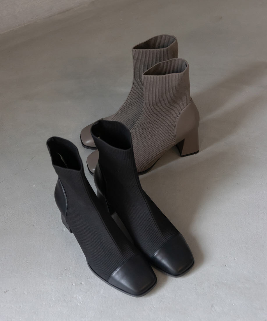  「ストレッチ チャンキーヒールニットブーツ」|ショートブーツ|