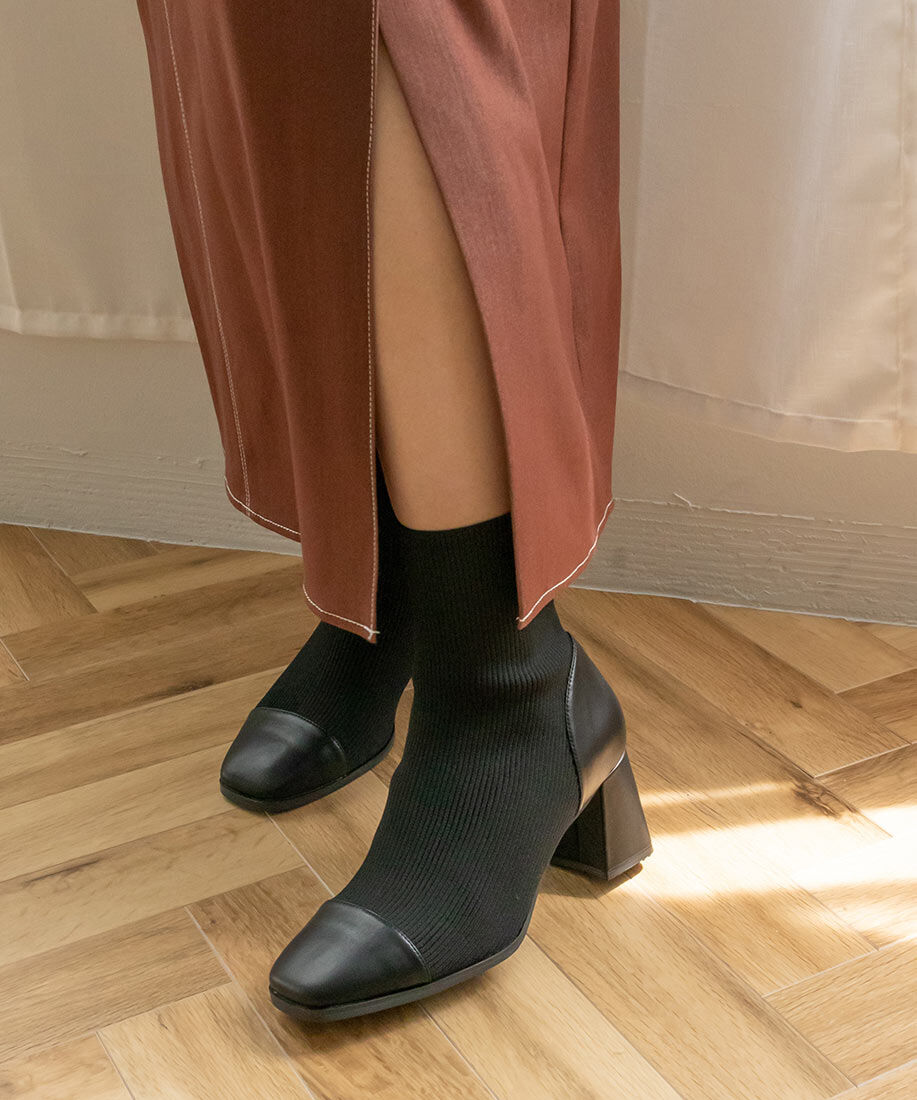  「ストレッチ チャンキーヒールニットブーツ」|ショートブーツ|