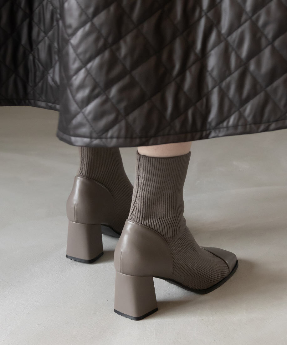  「ストレッチ チャンキーヒールニットブーツ」|ショートブーツ|