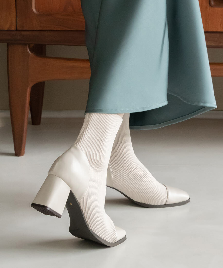  「ストレッチ チャンキーヒールニットブーツ」|ショートブーツ|