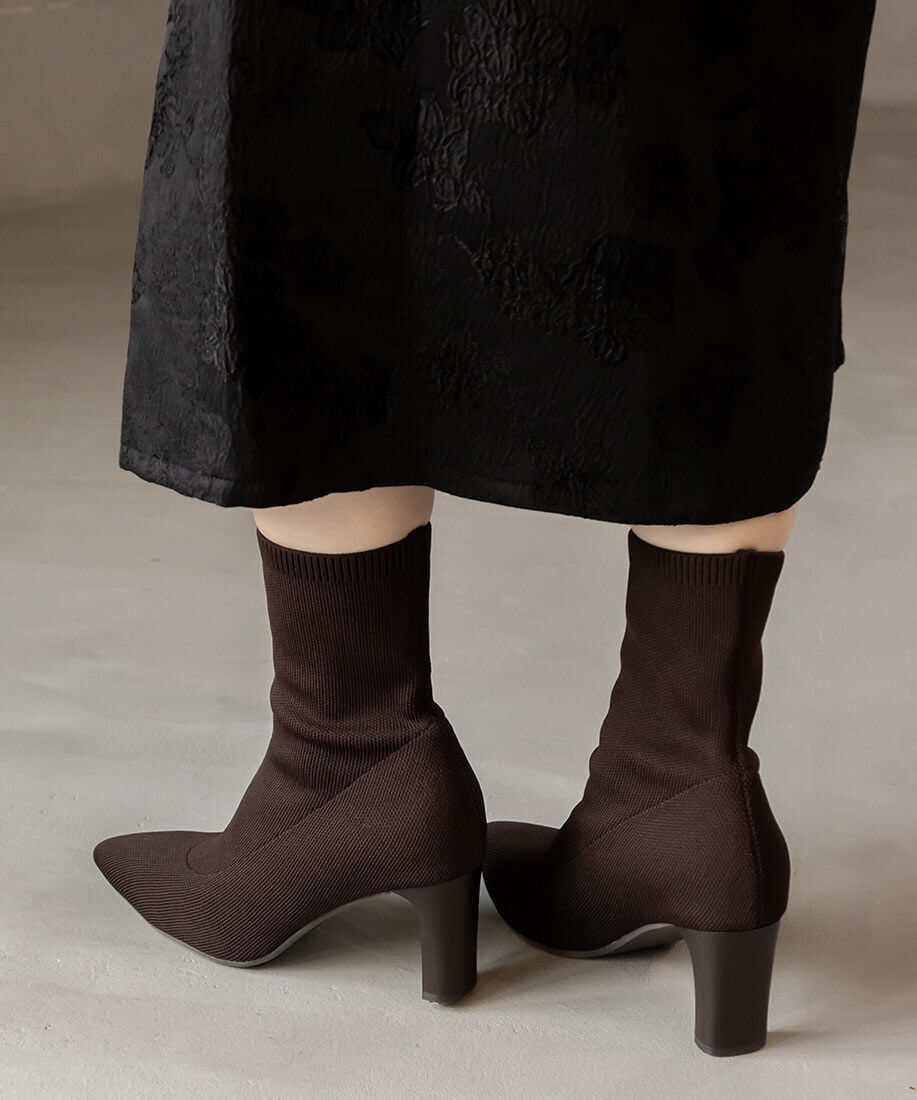  「ストレッチ プレートヒールソックスブーツ」|ショートブーツ|