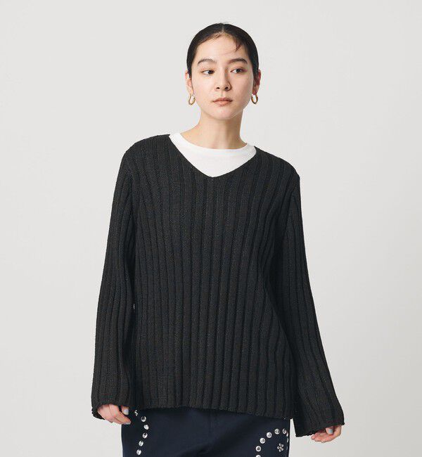 BEAUTY&YOUTH UNITED ARROWS「レーヨンブレンド ワイドリブ Vネックニットプルオーバー」|ニット・セーター|BLACK