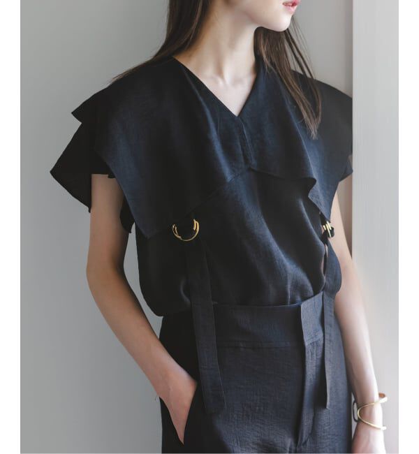 NOBLE「《WEB限定追加予約》ファジーリネンスクエアケープブラウス」|シャツ・ブラウス|ブラック