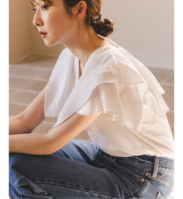 NOBLE「《WEB限定追加予約》ファジーリネンスクエアケープブラウス」|シャツ・ブラウス|ホワイト