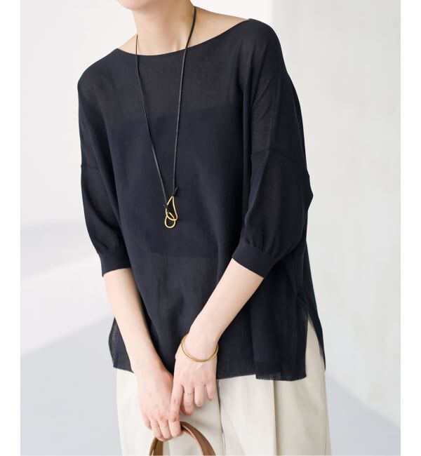 Spick and Span「《接触冷感 / 予約》ICE FINE 5分袖ボートネックニット」|ニット・セーター|ネイビー