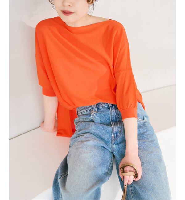 Spick and Span「《接触冷感 / 予約》ICE FINE 5分袖ボートネックニット」|ニット・セーター|オレンジ