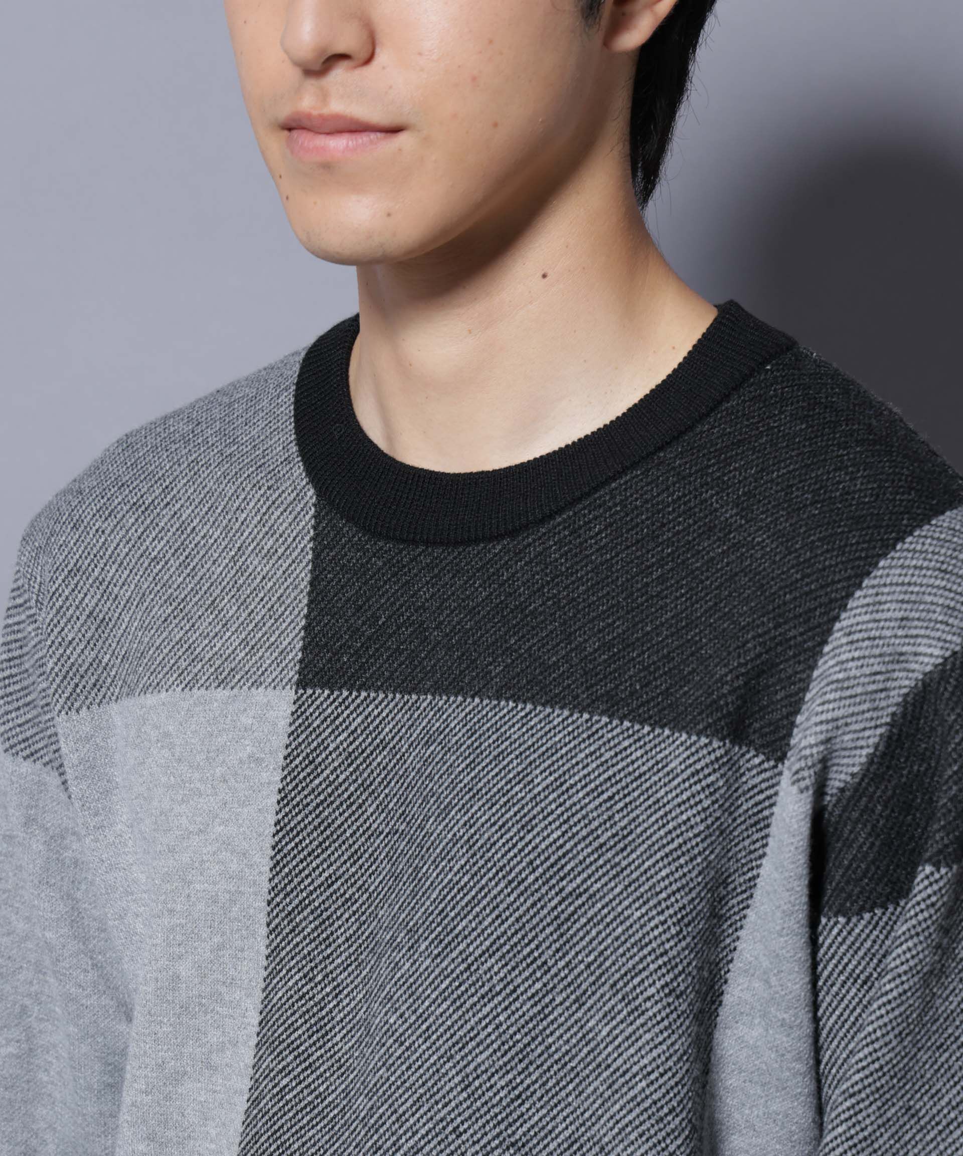 nano･universe「ブロックチェッククルーネックニット」|ニット・セーター|