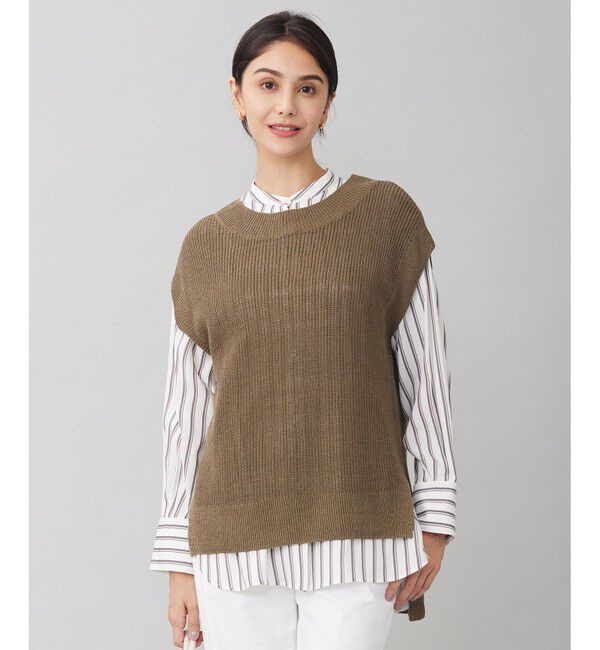 自由区「【洗える】リネンミドルゲージニット ベスト」|ベスト・ジレ|カーキ