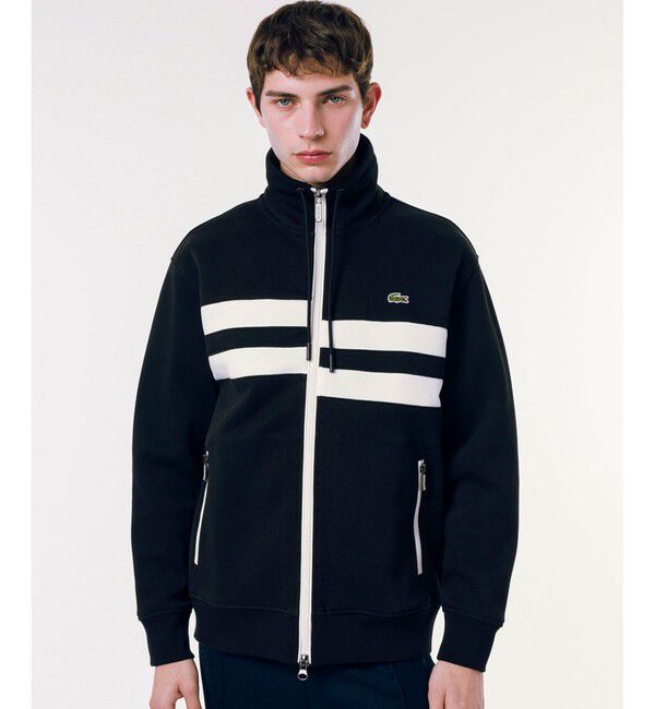 LACOSTE「アシンメトリーボーダーハイネック ドローストリング 鹿の子地 トラックジャケット」|スウェット・ジャージ|ブラック