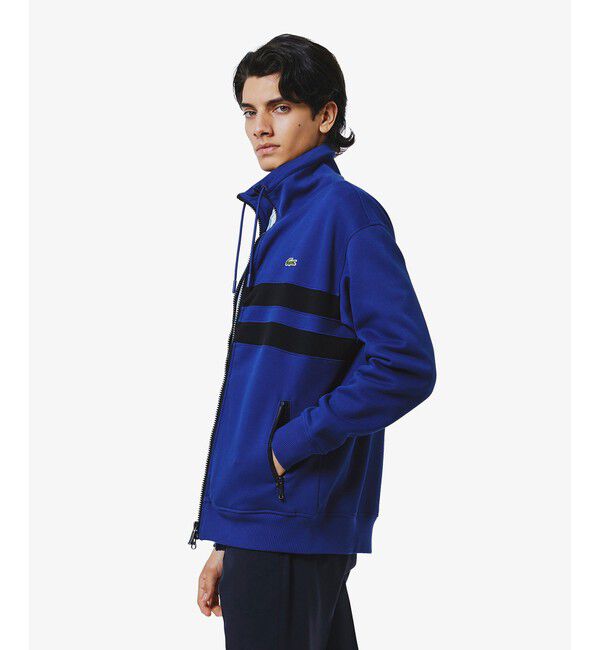LACOSTE「アシンメトリーボーダーハイネック ドローストリング 鹿の子地 トラックジャケット」|スウェット・ジャージ|ダークブルー