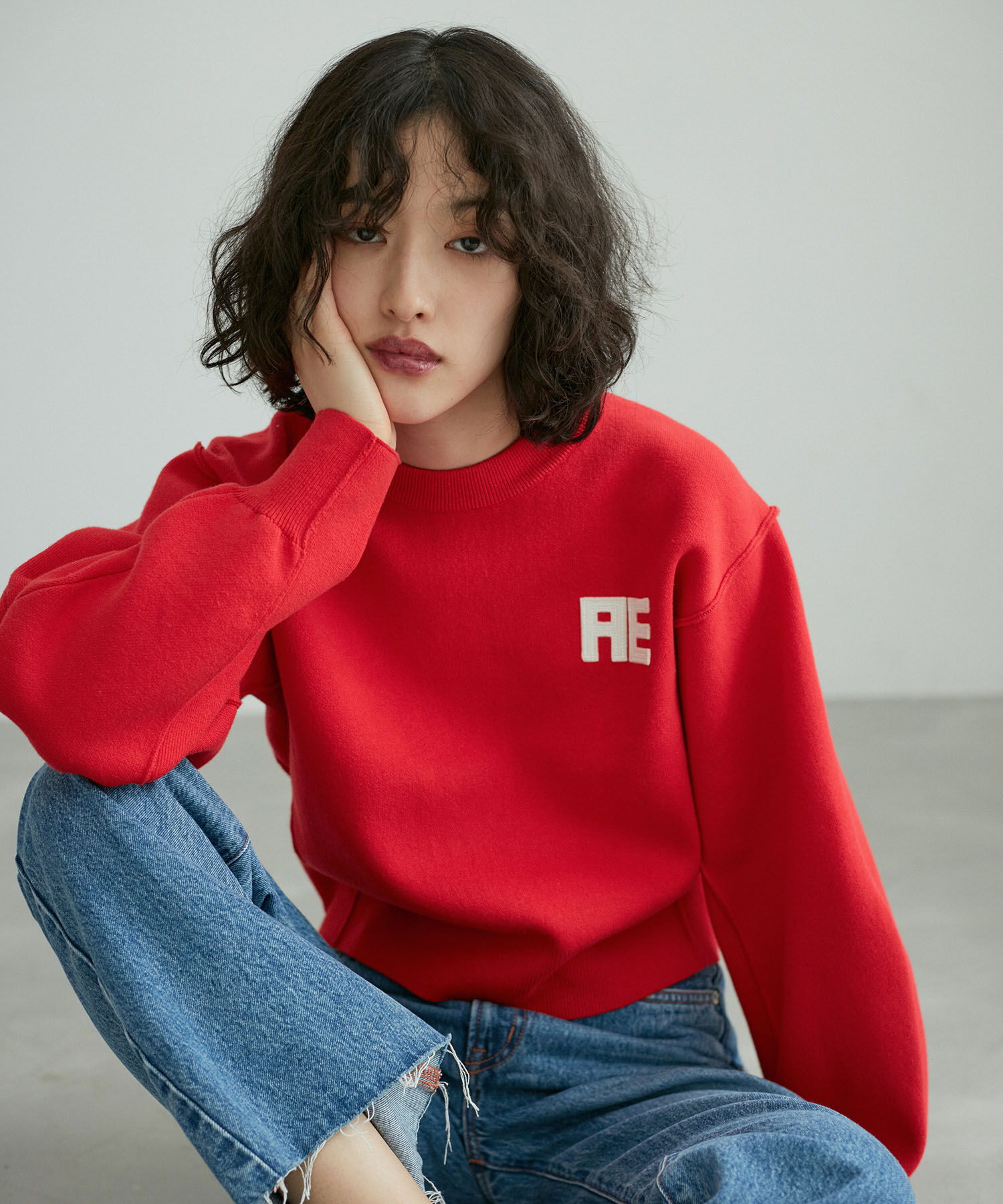 ADAM ET ROPE'「【サステナブル・洗える】フェルト刺しゅうニットプルオーバー」|ニット・セーター|レッド(60)