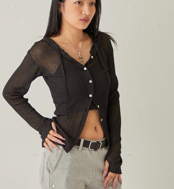  「シアーリブニットナローフーディ」|カーディガン|