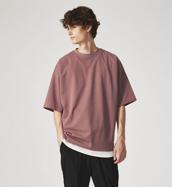 ABAHOUSE「【AH ABAHOUSE】カットジョーゼット ドロップショルダー モックネック」|Tシャツ・カットソー|ピンクベージュ