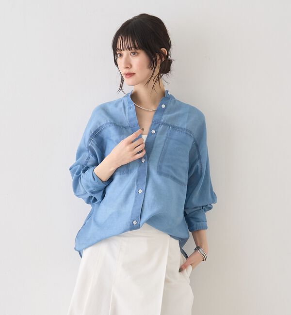 Rouge vif「シアーデニムスタンドネックシャツ/バンドカラーシャツ【予約】」|シャツ・ブラウス|