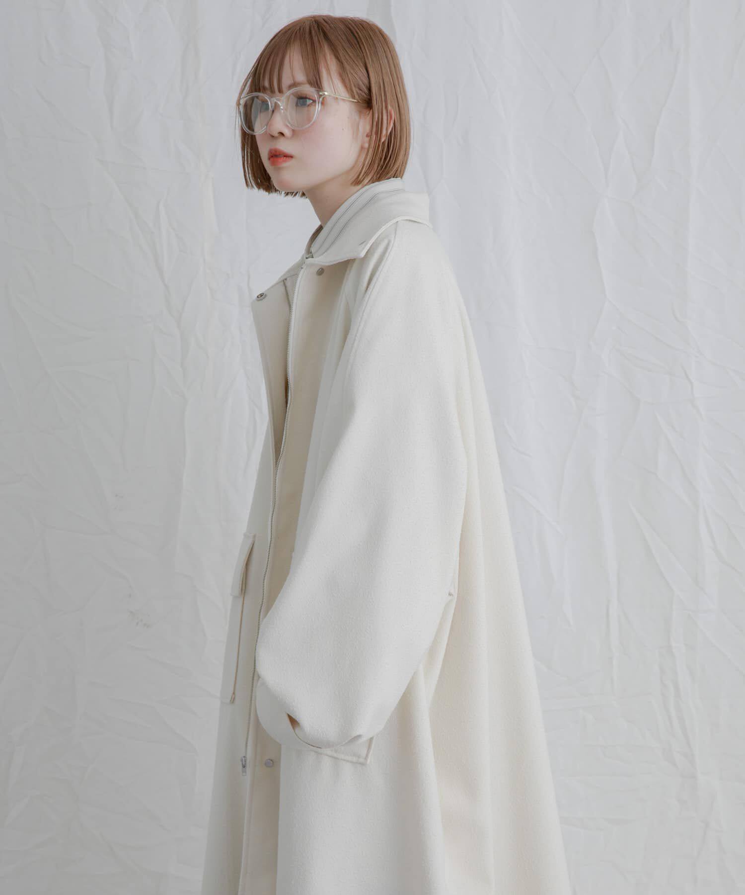  「スタンドカラーブークレコート」|ノーカラーコート|