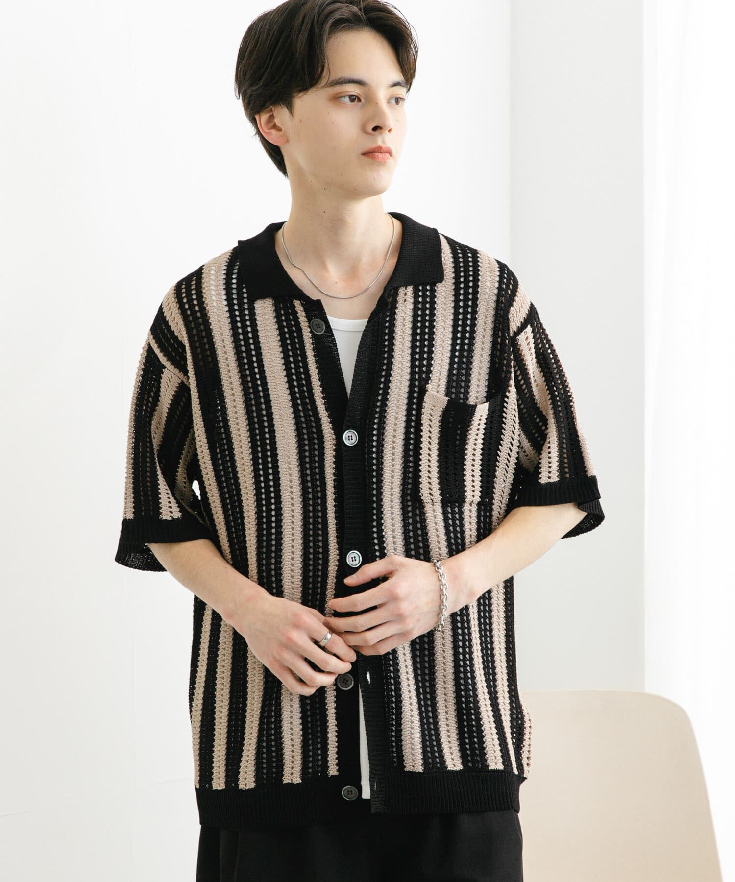 SENSE OF PLACE by URBAN RESEARCH「ストライプショートスリーブニットシャツ」|ニット・セーター|