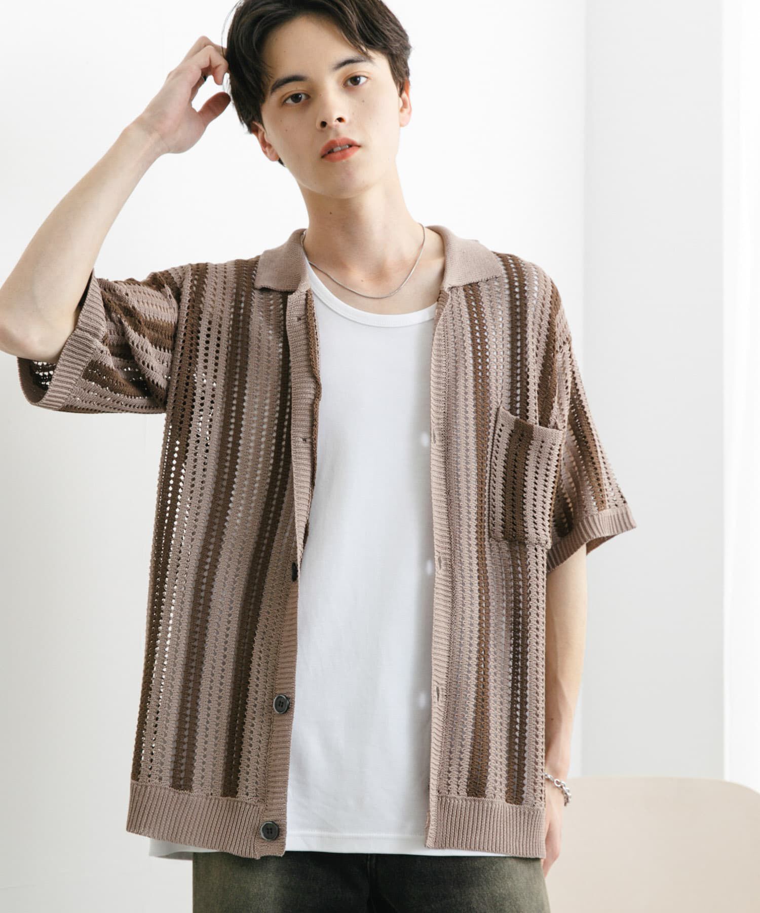 SENSE OF PLACE by URBAN RESEARCH「ストライプショートスリーブニットシャツ」|ニット・セーター|ライトベージュ