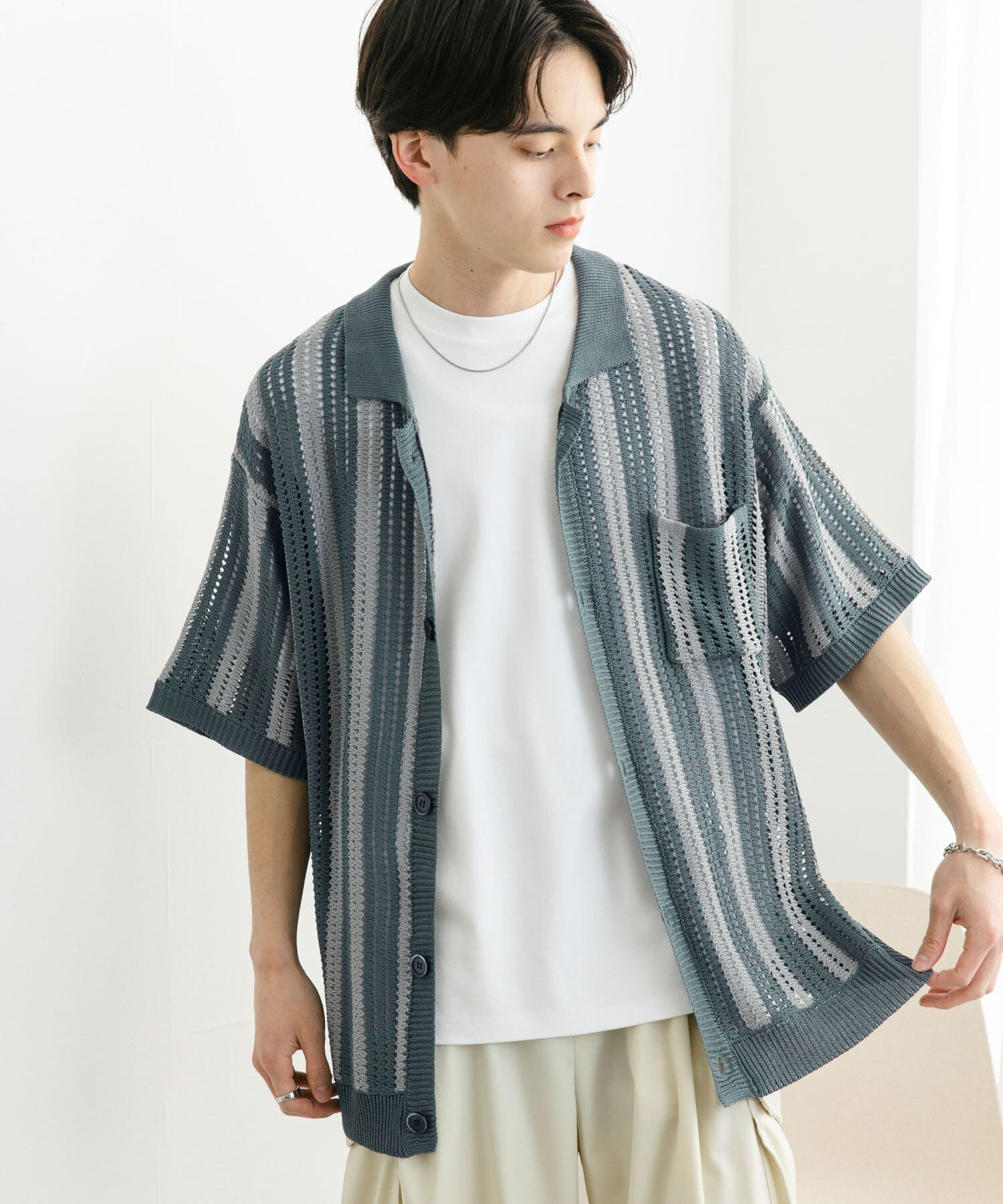 SENSE OF PLACE by URBAN RESEARCH「ストライプショートスリーブニットシャツ」|ニット・セーター|ミント