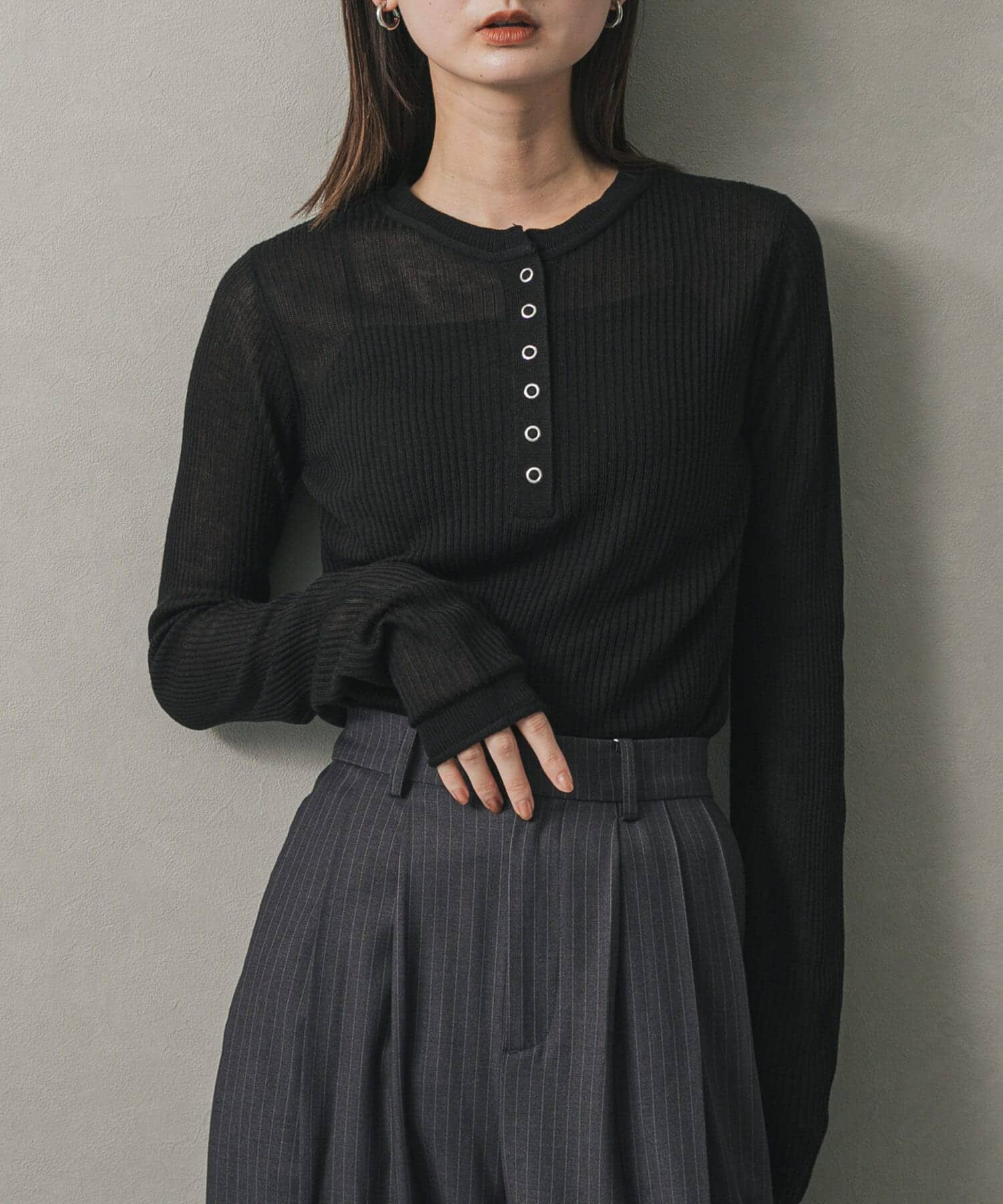 SENSE OF PLACE by URBAN RESEARCH「シアーヘンリーネックセーター」|ニット・セーター|ブラック