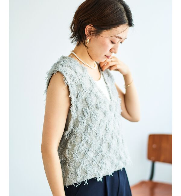 le.coeur blanc「《手洗い可能》フリンジ編みVネックベスト」|ベスト・ジレ|
