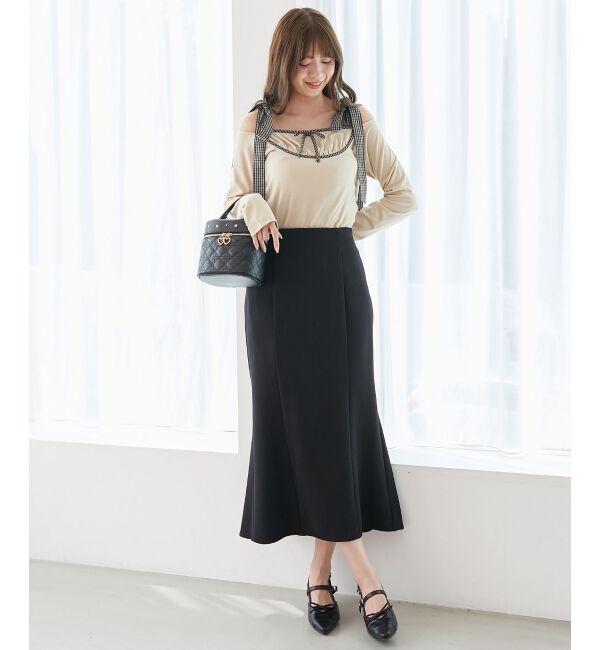  「肩リボンチェックバイカラートップス」|Tシャツ・カットソー|