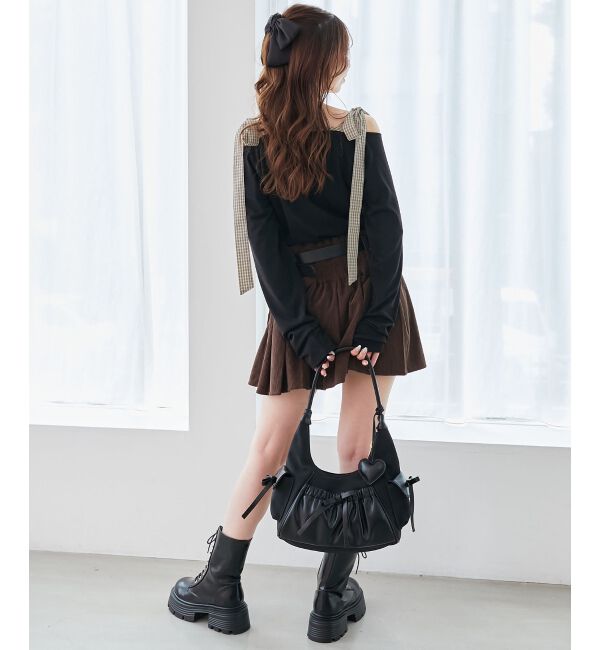  「肩リボンチェックバイカラートップス」|Tシャツ・カットソー|