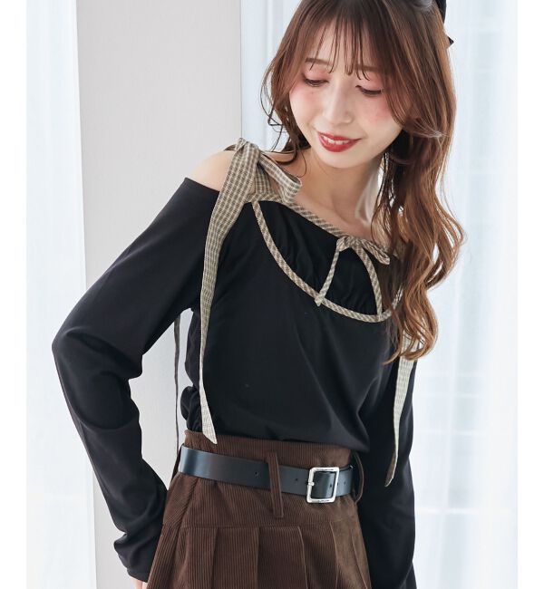  「肩リボンチェックバイカラートップス」|Tシャツ・カットソー|